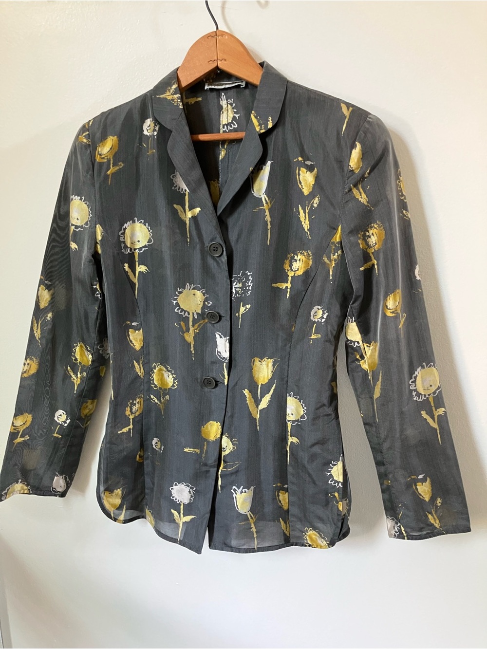 VTG 90s Emporio Armani Sheer Silk Floral Blazer Button Up Top Charcoal Gold IT38